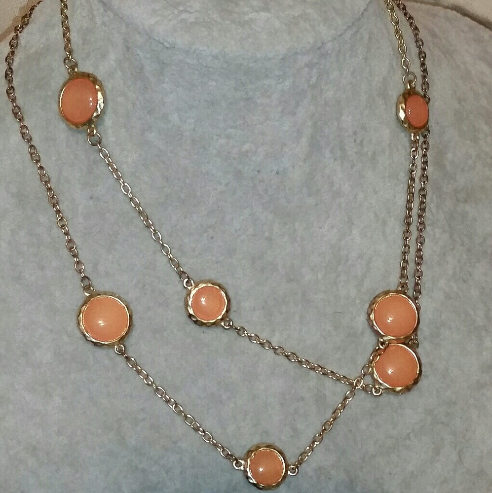 PURE Gold Tone & Peach/Orange Station Necklace